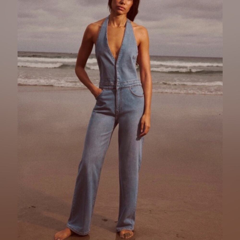 Zara Halter Denim Light Blue Straight Leg Jumpsuit SMALL